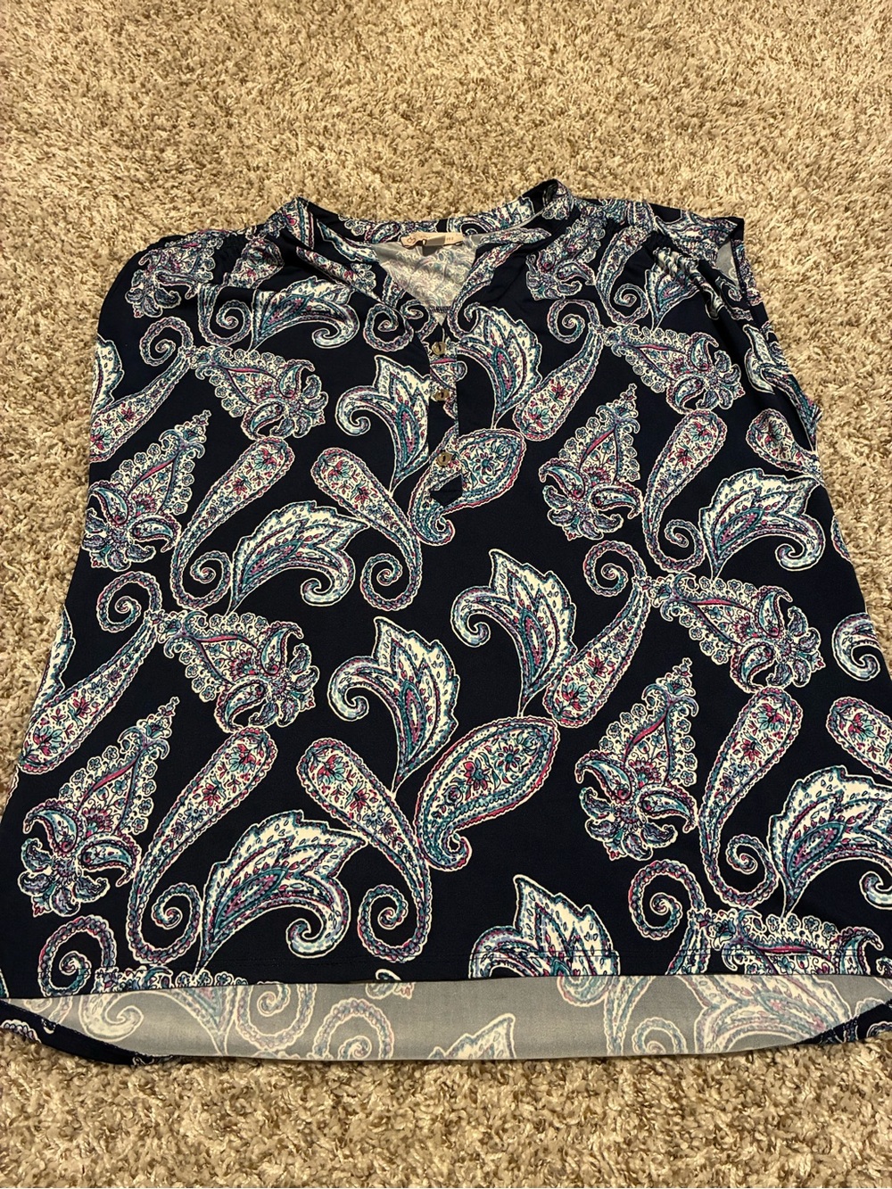 Sleeveless Navy Paisley V-Neck Blouse